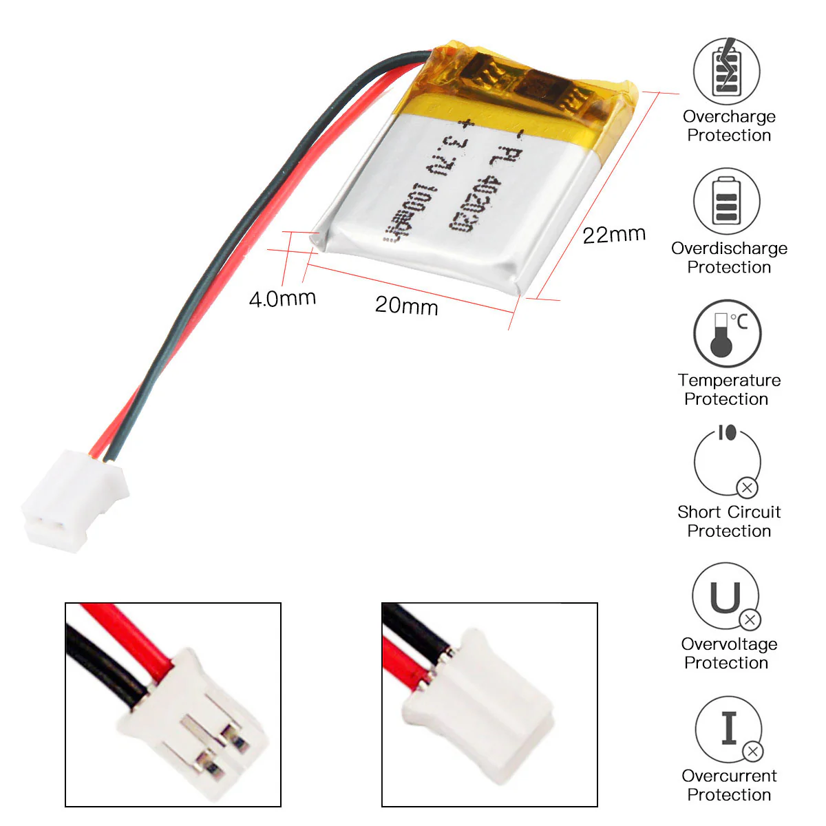 YDL 3.7V 100mAh 402020 Rechargeable Lithium  Polymer Battery - Image 3
