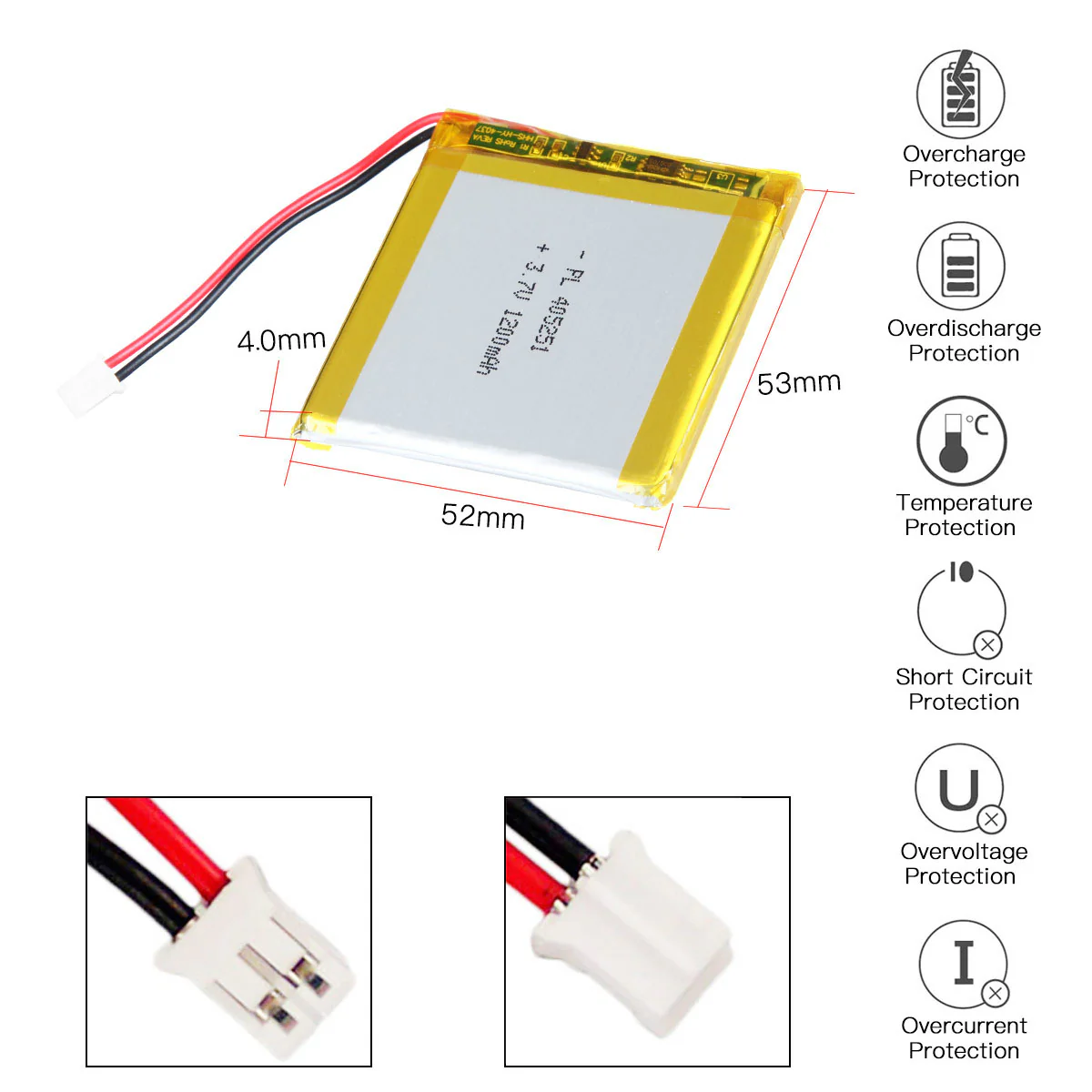 YDL 3.7V 1200mAh 405251 Rechargeable Lithium Polymer Battery Length 53mm - Image 3