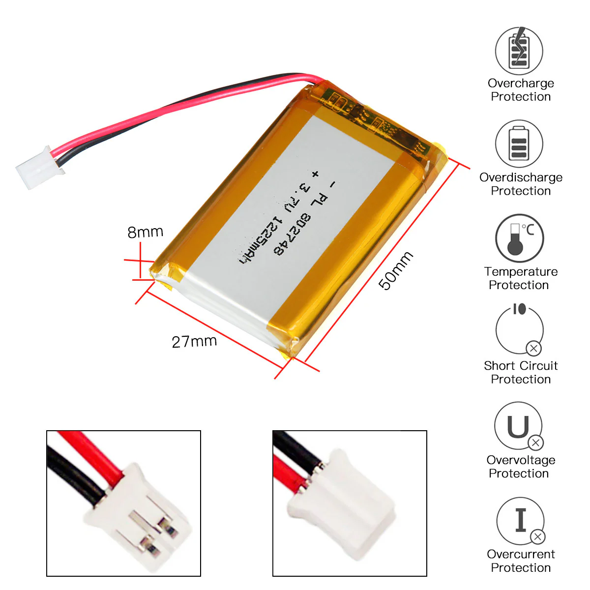 YDL 3.7V 1225mAh 802748 Rechargeable Lithium Polymer Battery Length 50mm - Image 3