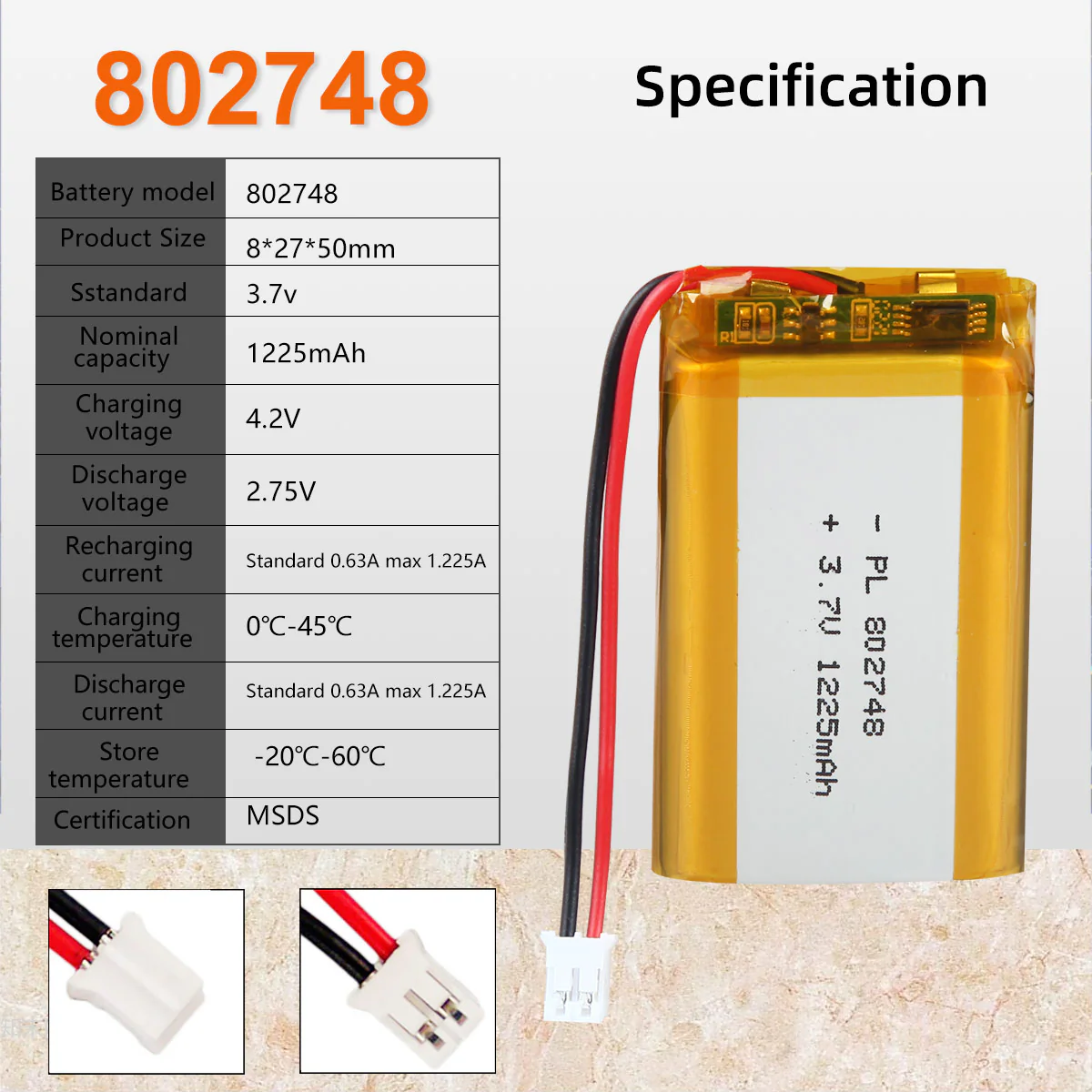 YDL 3.7V 1225mAh 802748 Rechargeable Lithium Polymer Battery Length 50mm - Image 5