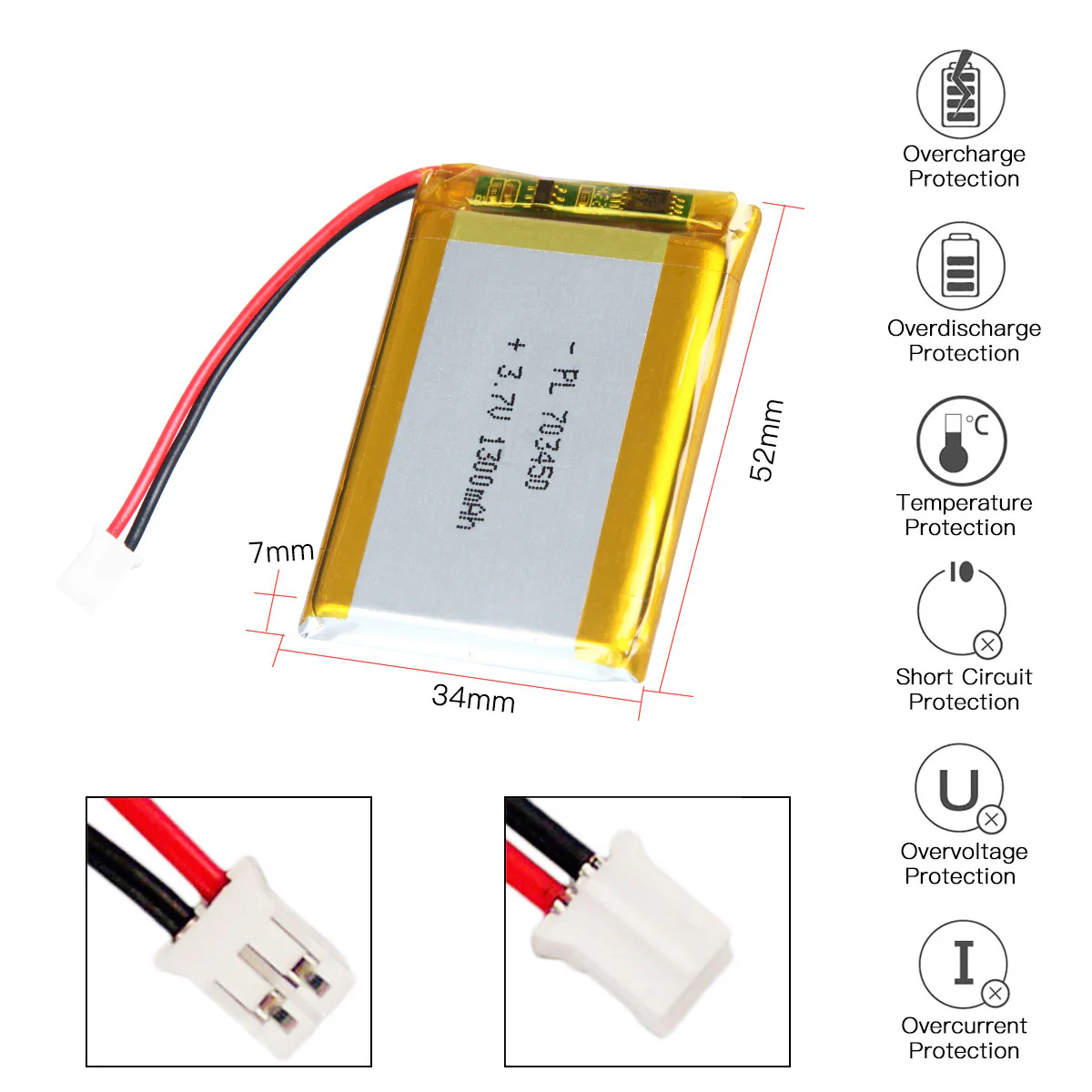 3.7V 1300mAh 703450 Rechargeable Lithium Polymer Battery - Image 3