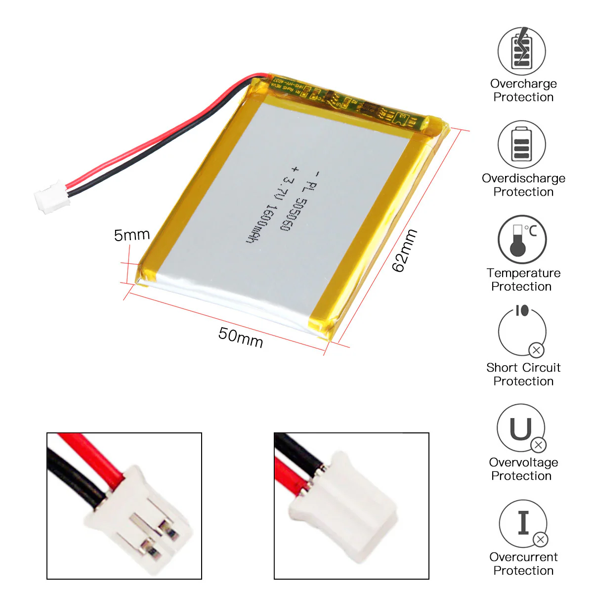 YDL 3.7V 1600mAh 505060 Rechargeable Lithium Polymer Battery Length 60mm - Image 4