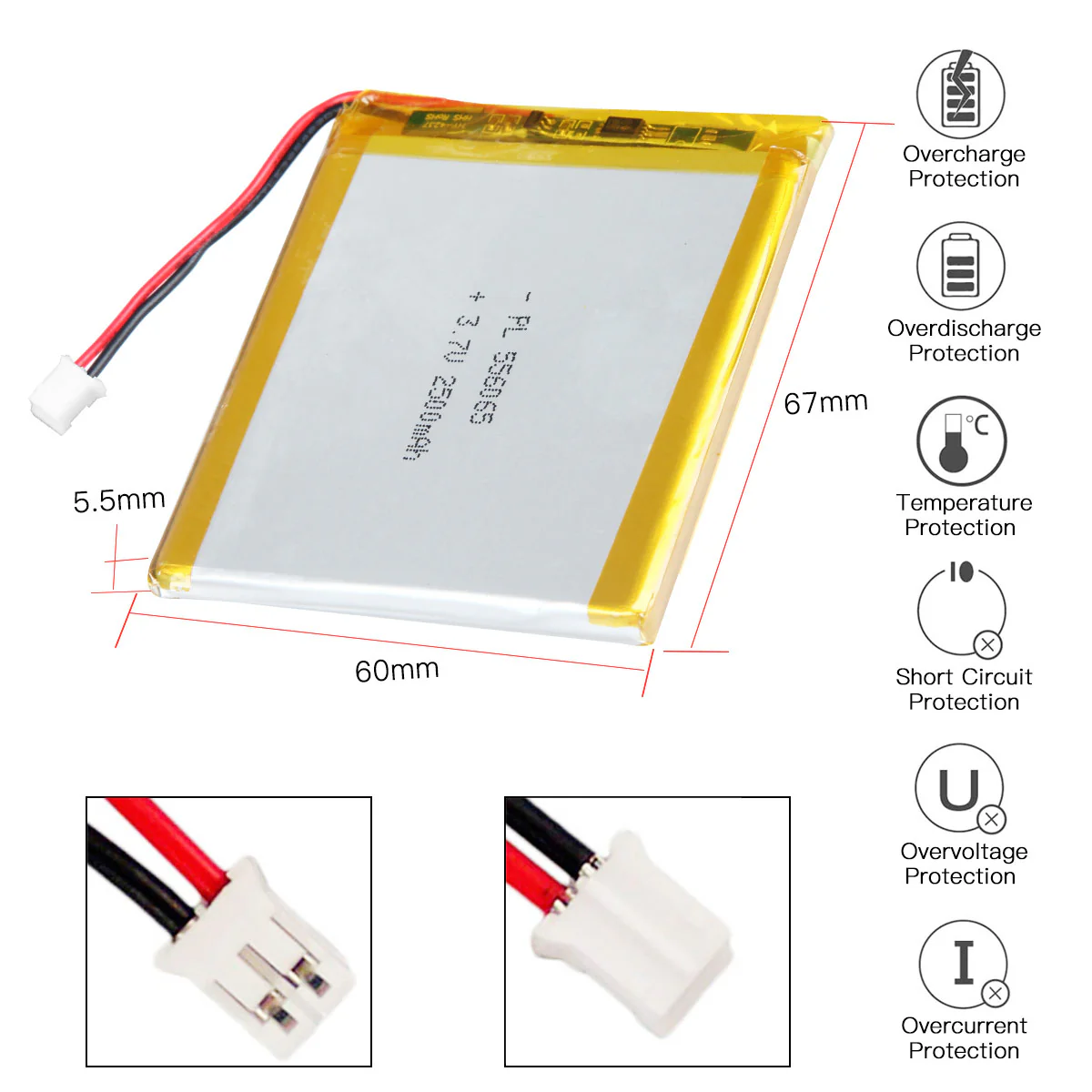 YDL 3.7V 2500mAh 556065 Rechargeable Lithium Polymer Battery Length 67mm - Image 3