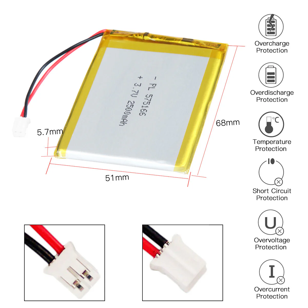 YDL 3.7V 2500mAh 575166 Rechargeable Lithium Polymer Battery Length 68mm - Image 3