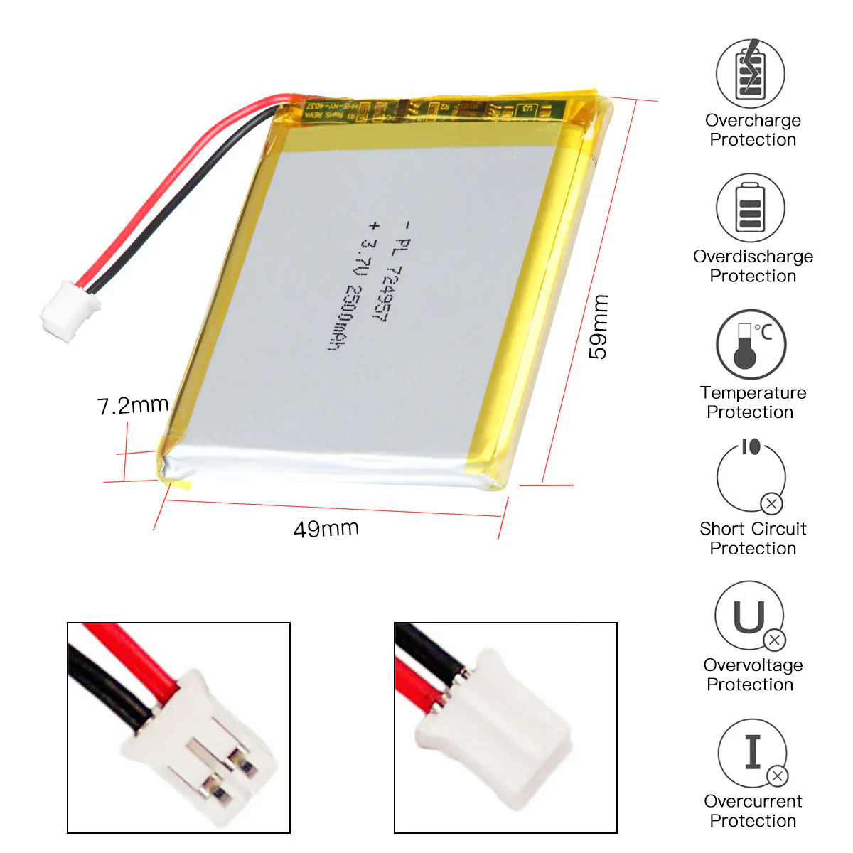 YDL 3.7V 2500mAh 724957 Rechargeable Lithium Polymer Battery Length 59mm - Image 3
