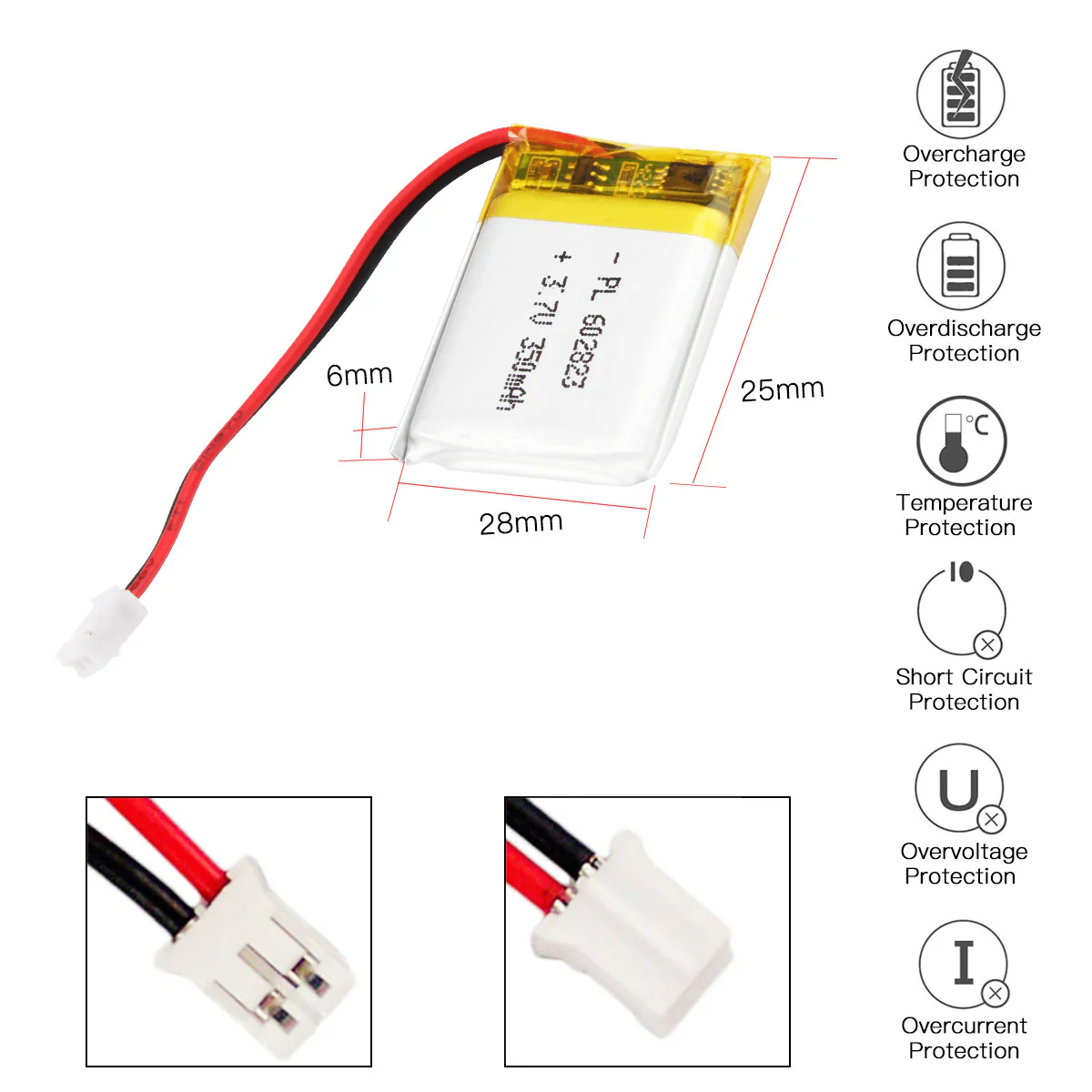 YDL 3.7V 350mAh 602823 Rechargeable Lithium Polymer Battery Length 25mm - Image 3