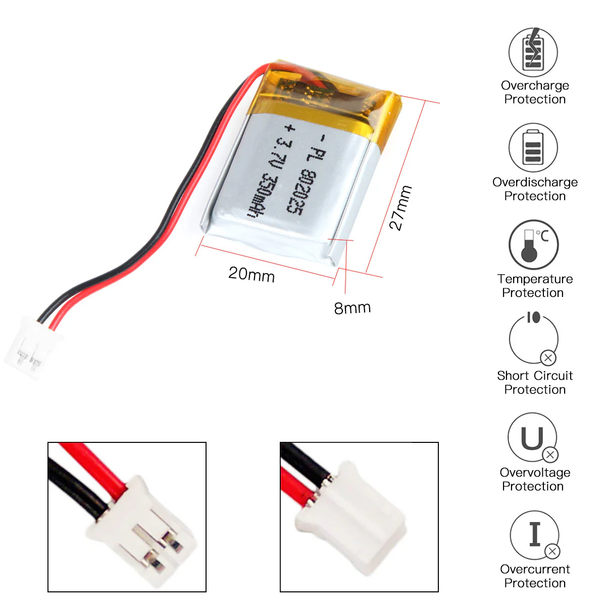 YDL 3.7V 350mAh 802025 Rechargeable Lithium  Polymer Battery - Image 3