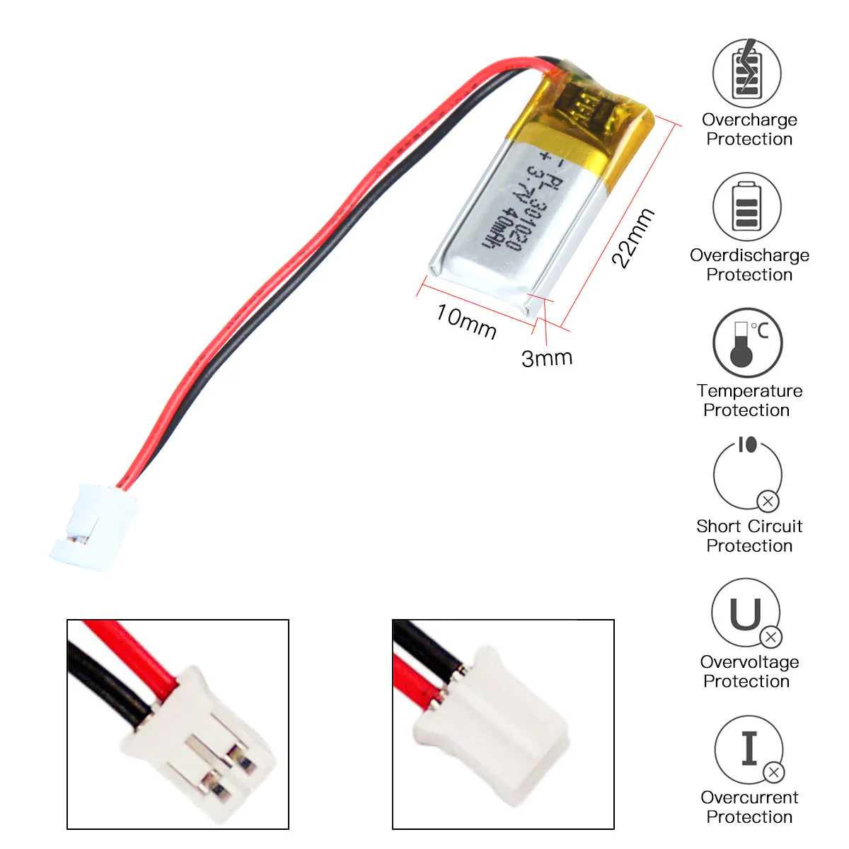 YDL 3.7V 40mAh 301020/301120 RechargeableLithium Polymer Battery Length 22mm - Image 3