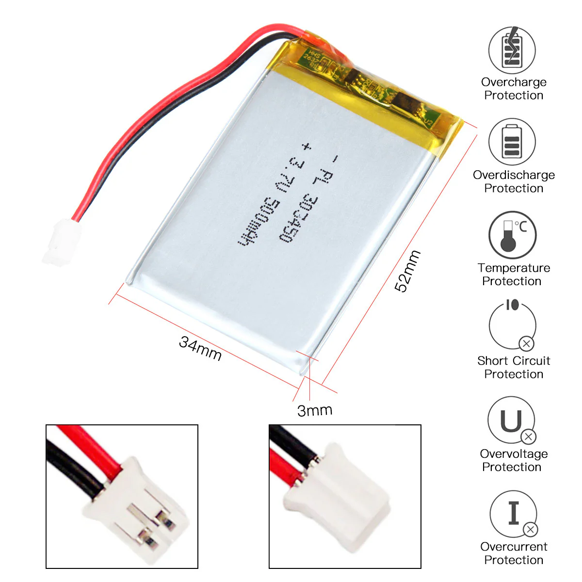 3.7V 500mAh 303450 Rechargeable Lithium Polymer Battery Length 52mm - Image 3