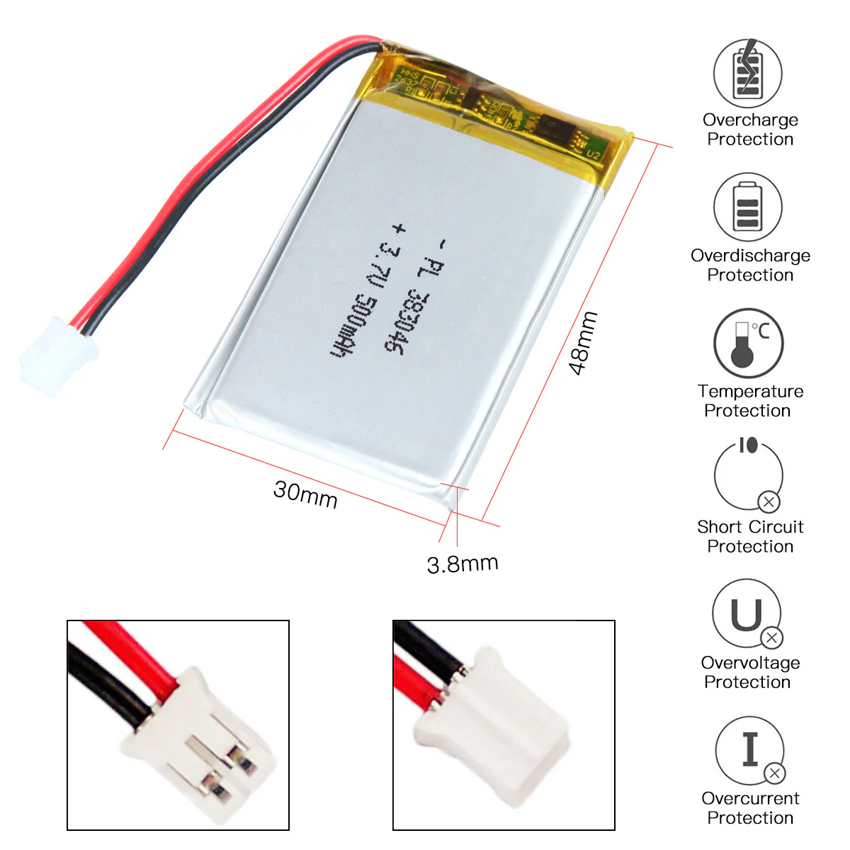 YDL 3.7V 500mAh 383046 Rechargeable Lithium Polymer Battery Length 48mm - Image 3