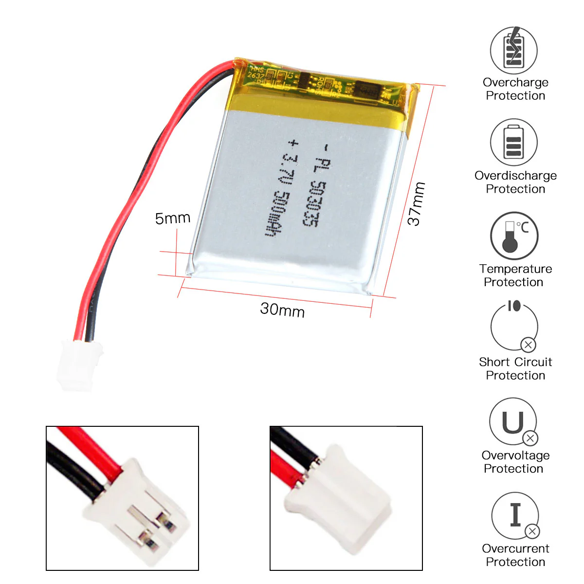 YDL 3.7V 500mAh 503035 Rechargeable Lithium Polymer Battery Length 37mm - Image 3