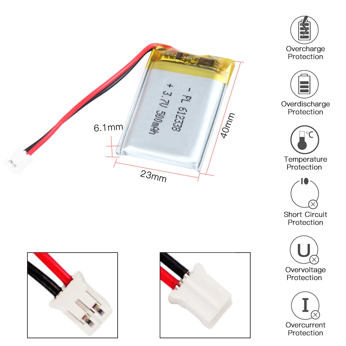 YDL 3.7V 500mAh 612338 Rechargeable Lithium Polymer Battery Length 40mm - Image 3