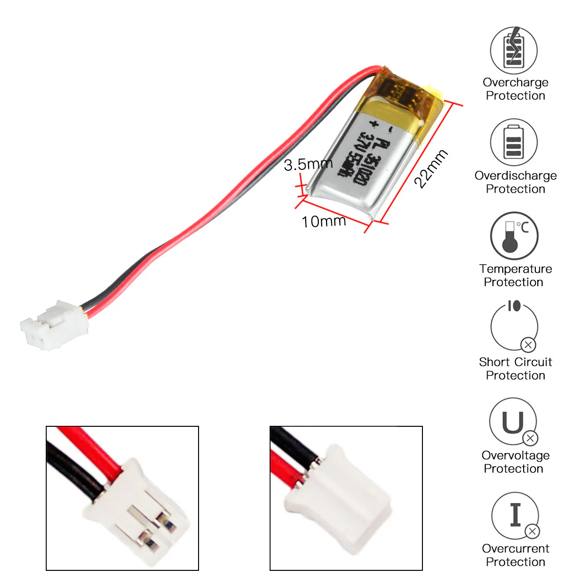 YDL 3.7V 55mAh 351020/351120 Rechargeable Lithium Polymer Battery Length 22mm - Image 3
