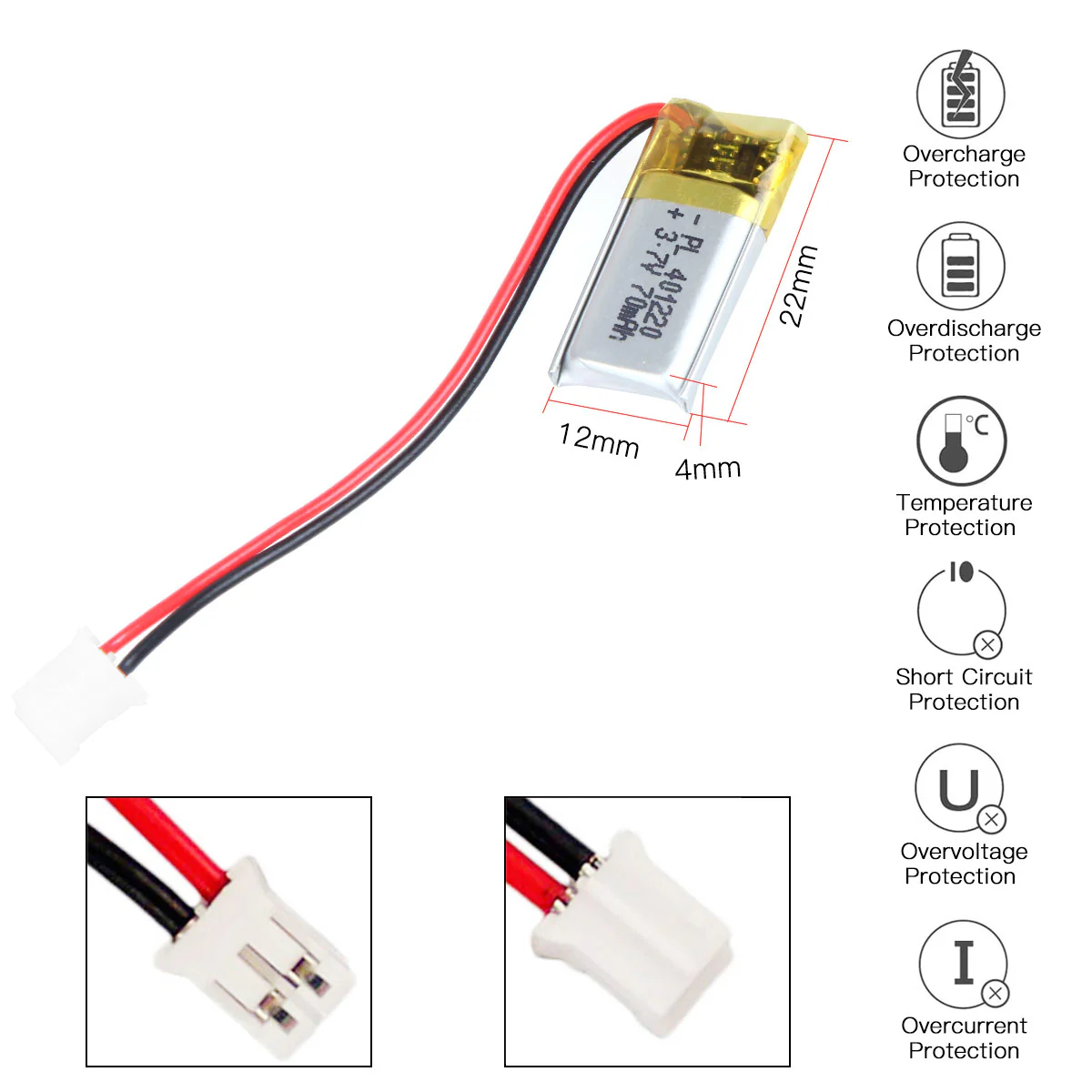YDL 3.7V 70mAh 401220 Rechargeable Lithium Polymer Battery Length 22mm - Image 3